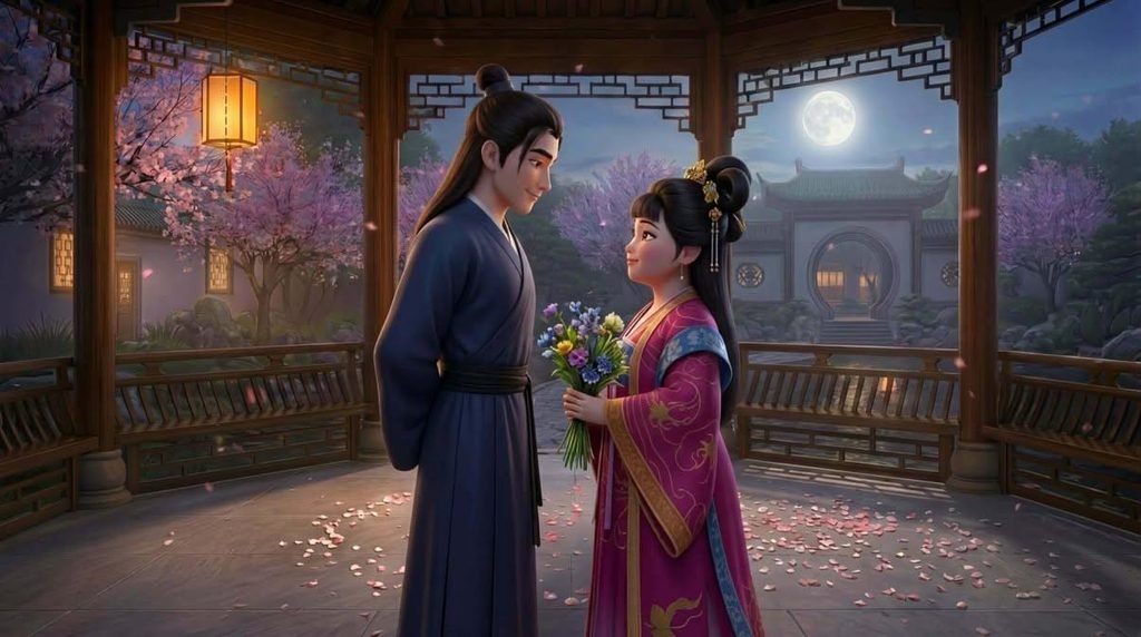 General Jian and Princess Ruo Hua from a scene in Plump Blossom. Photo courtesy of Kapitana Entertainment Media.